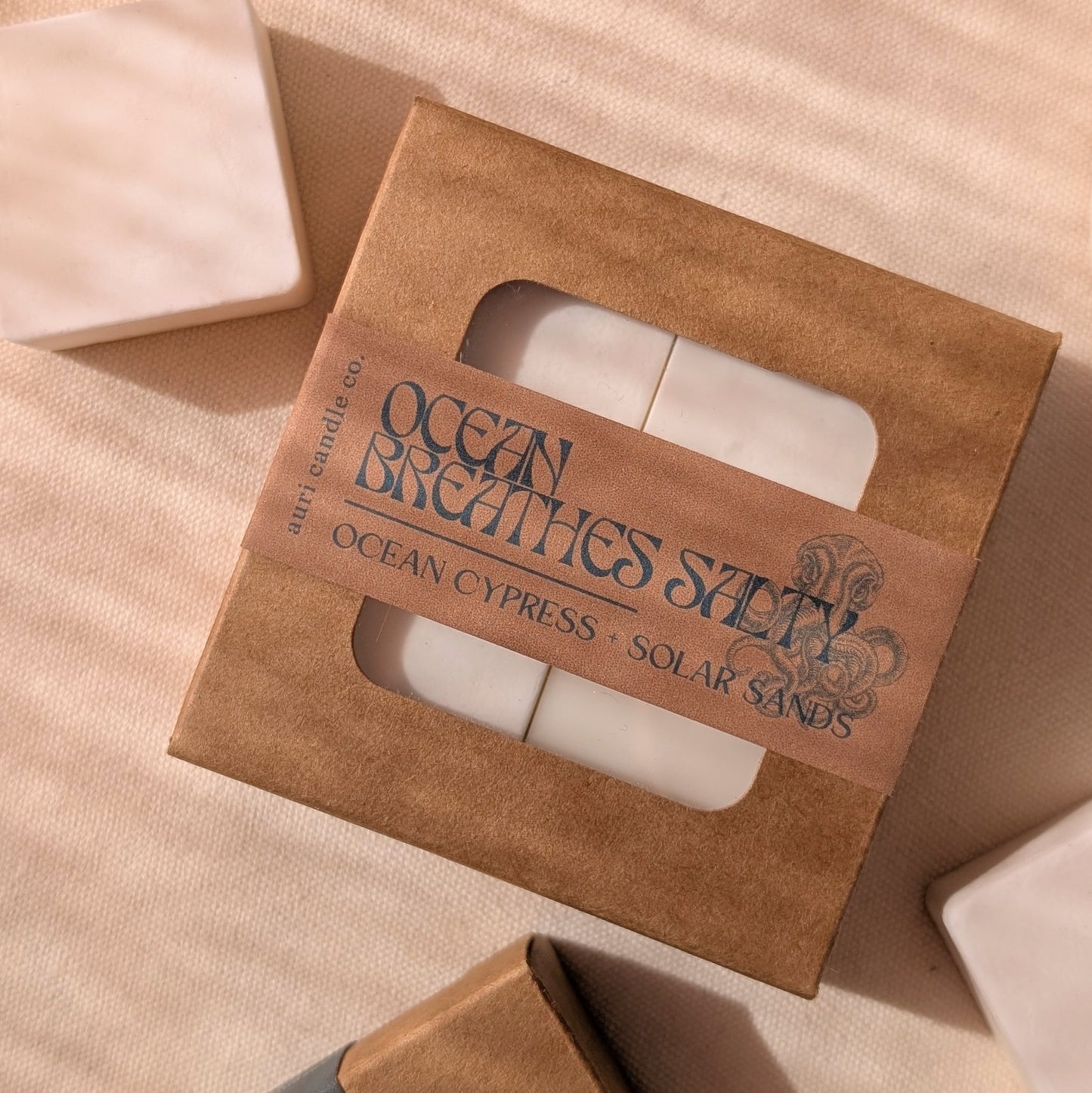 A set of wax tarts in a brown kraft box with a label reading 'OCEAN BREATHERS SALTY OCEAN CYPRESS – SOLAR SANDS'. The box is presented on a beige background, likely a part of the product's eco-friendly packaging.